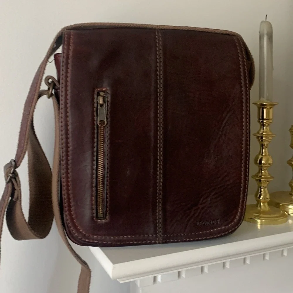 Reginos Dark Brown Leather Crossbody Messenger Bag Adjustable Strap Vintage